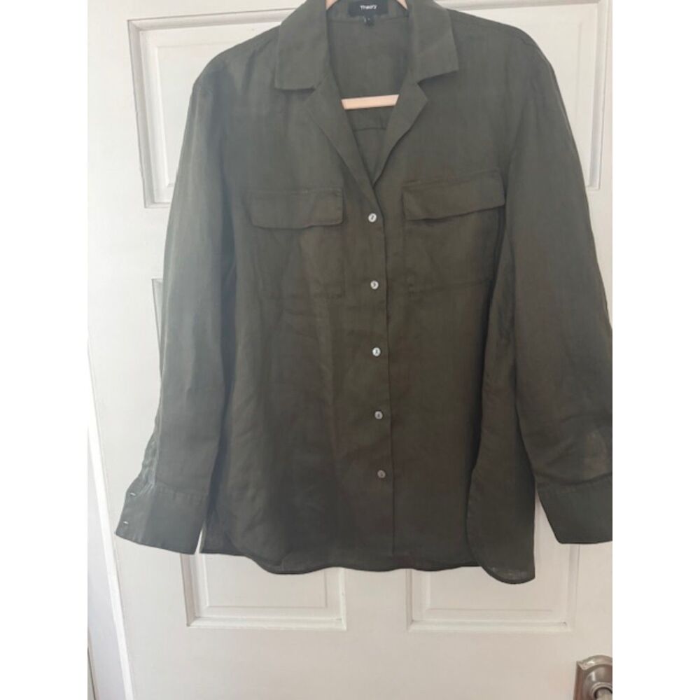 NWOT Theory Notched Collar Relaxed Linen button down shirt, size L - Picture 2 of 7